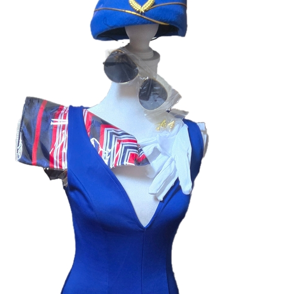 Blue Flight Attendant Costume with Hat and Gloves - Picture 1 of 6